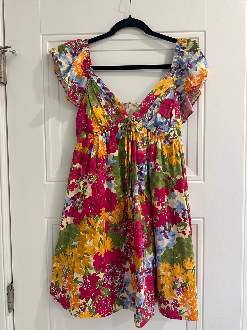 Dress Forum Floral Sweetheart Neck Tie-Front Mini Dress in Pink, Yellow & Green